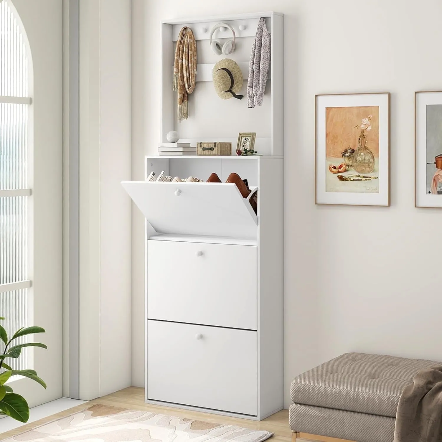 relaxed Shoe Rack, 3 Tier Shoe Storage Cabinet , Freestanding Tipping Shoe Shelves Organizer