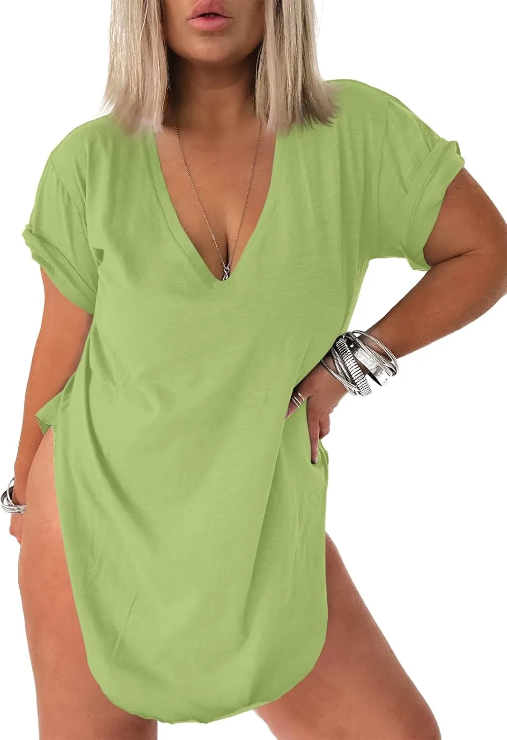 Tankaneo Womens Deep V Neck Short Sleeve T Shirts Side Slit Oversized Summer Loose Tunic Top