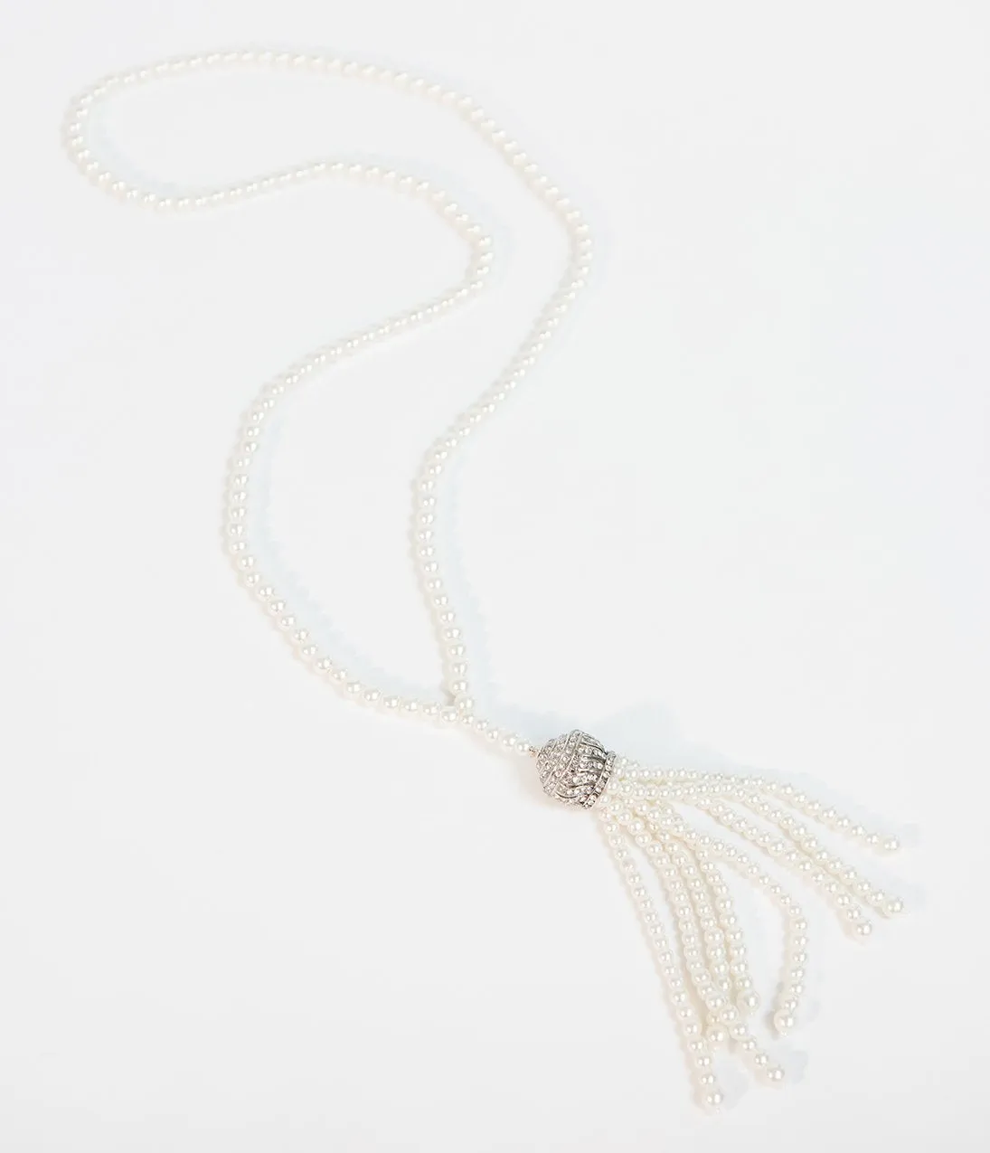 Unique Vintage Deco Style Ivory Pearl & Silver Tassel Necklace