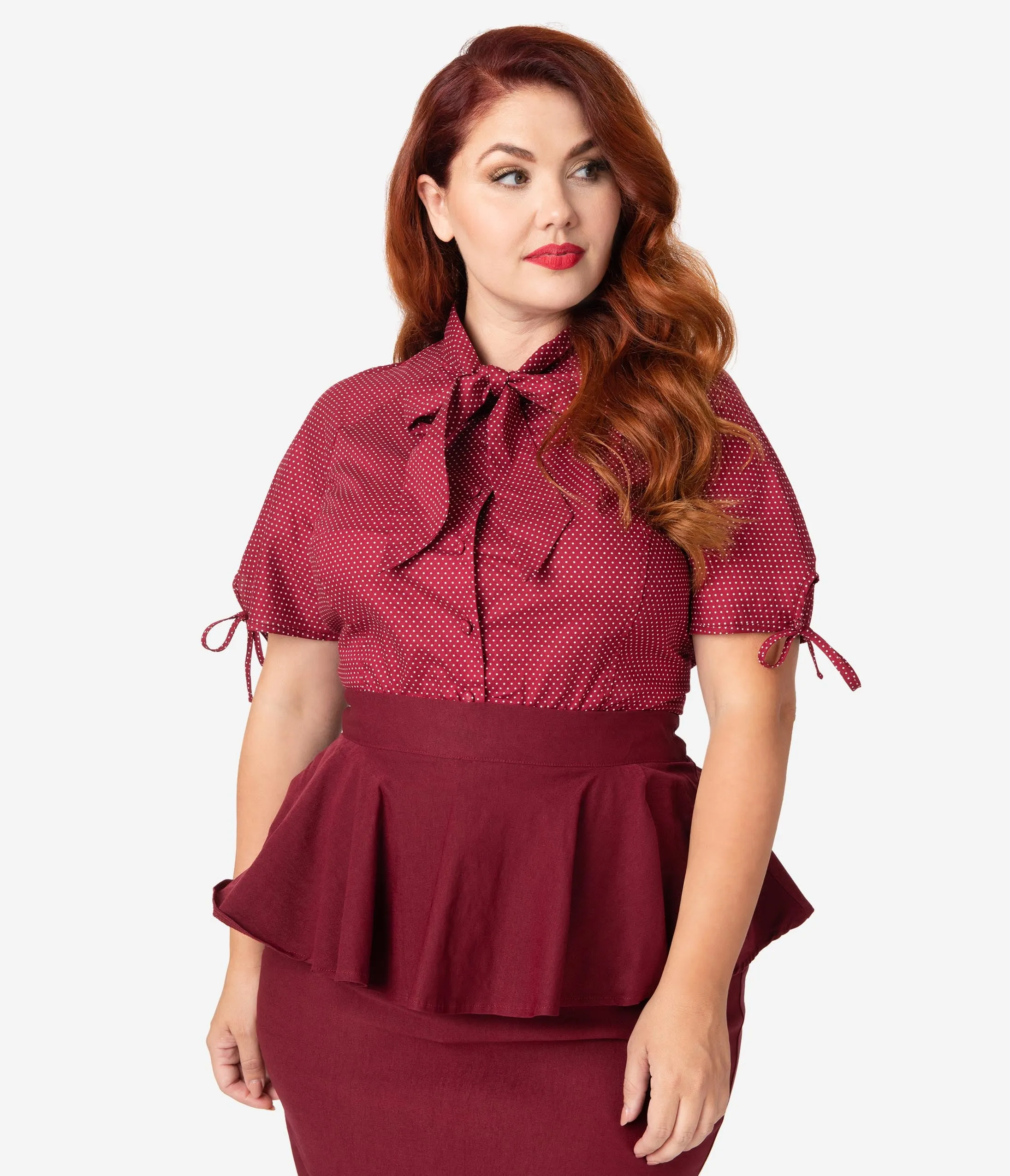 Unique Vintage Plus Size 1940s Style Burgundy & White Pin Dot Bow Tie Chita Blouse