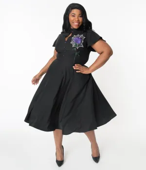Unique Vintage Plus Size Black Spiderweb & Purple Rose Baltimore Swing Dress