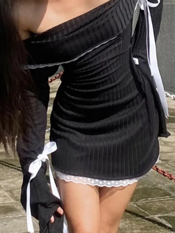 Uniwim Off Shoulder Lace Splice Tie Up Long Sleeve Mini Dress