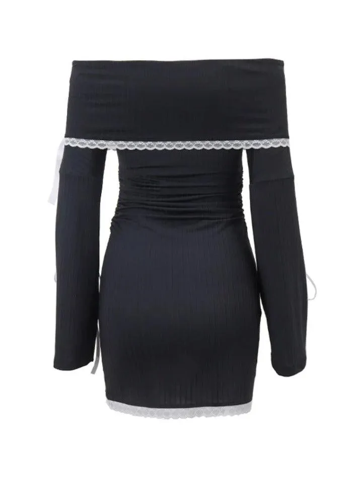 Uniwim Off Shoulder Lace Splice Tie Up Long Sleeve Mini Dress