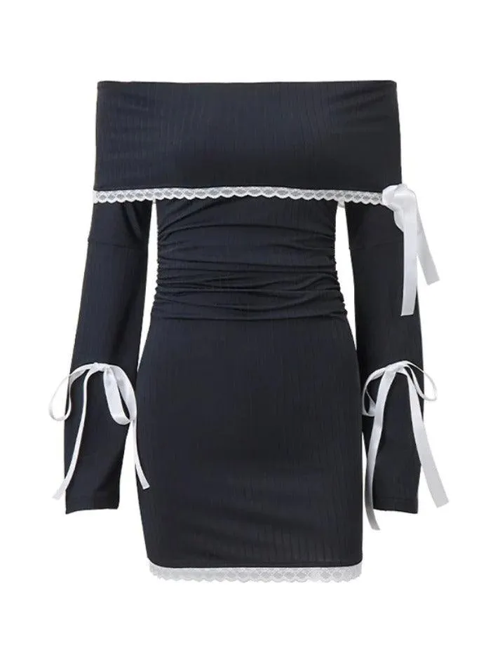 Uniwim Off Shoulder Lace Splice Tie Up Long Sleeve Mini Dress