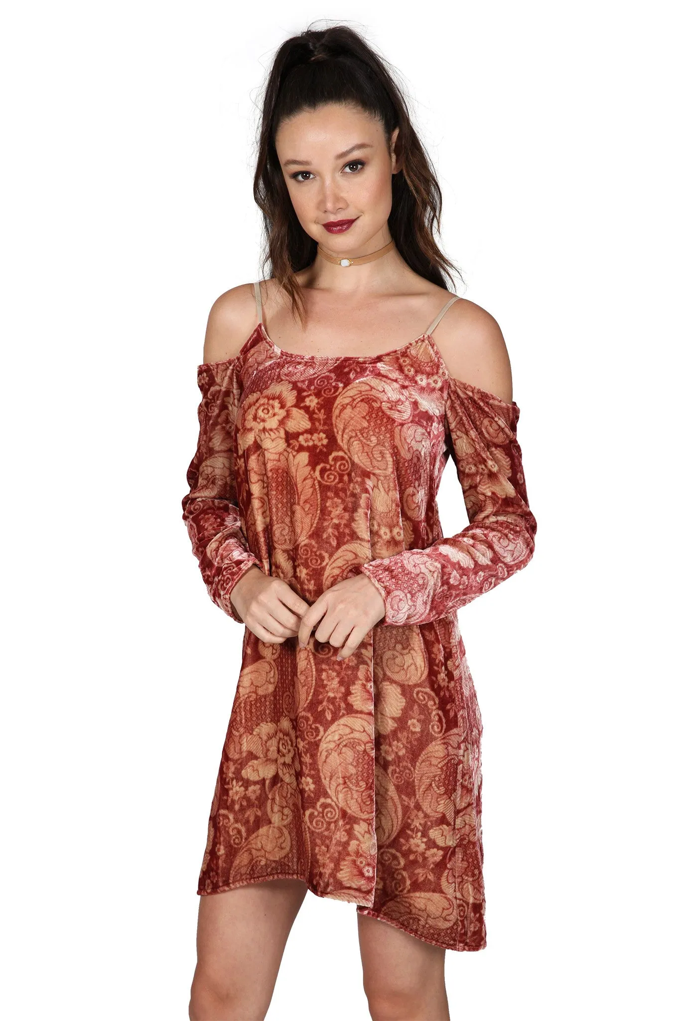 VELVET STRAPPY COLD SHOULDER DRESS
