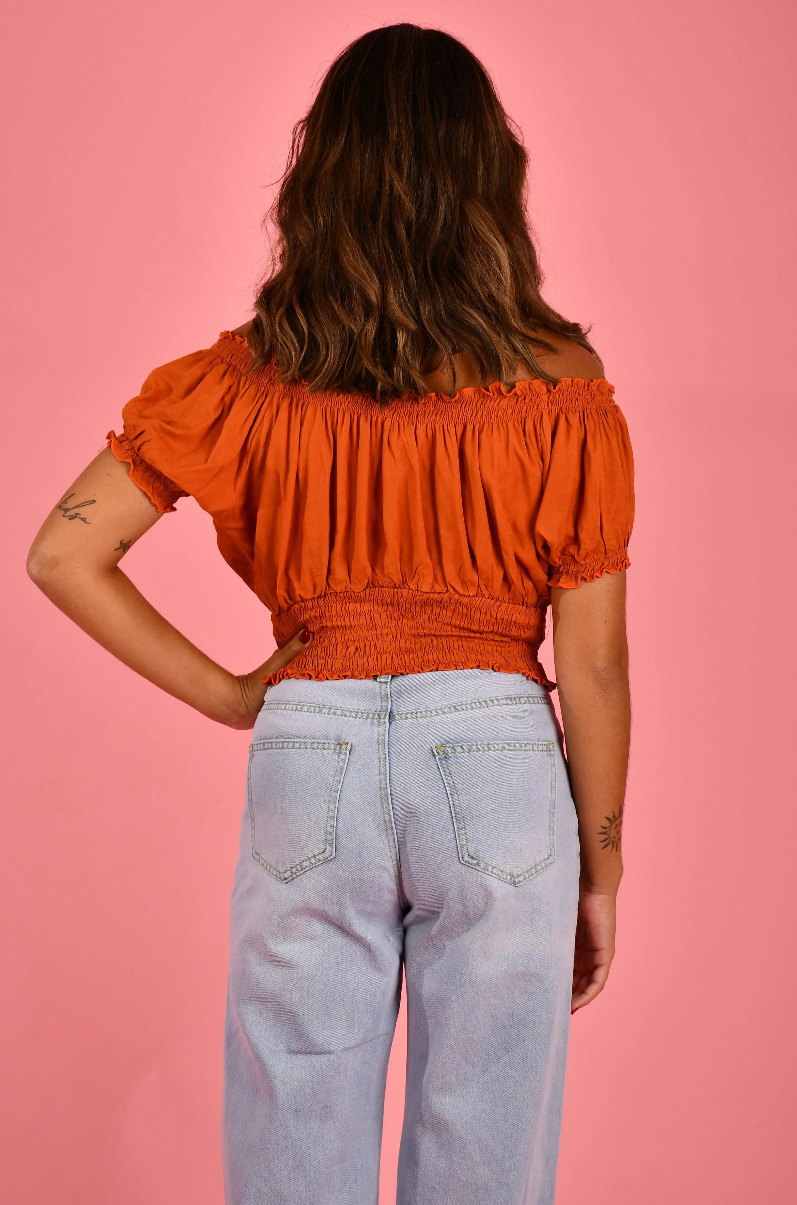 VGLT106 - PEASANT TOP WITH ROUCHED HEM - JAFFA ORANGE