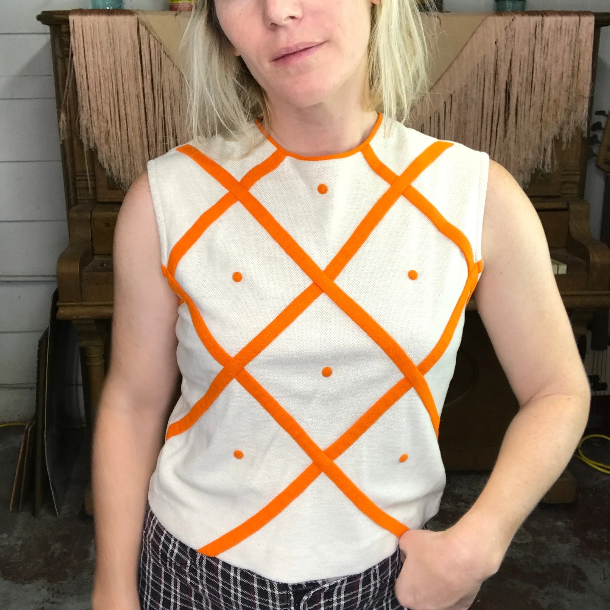 Vintage 60s | MOD Space Age Geometric Orange Sleeveless Knit Crop Top | S