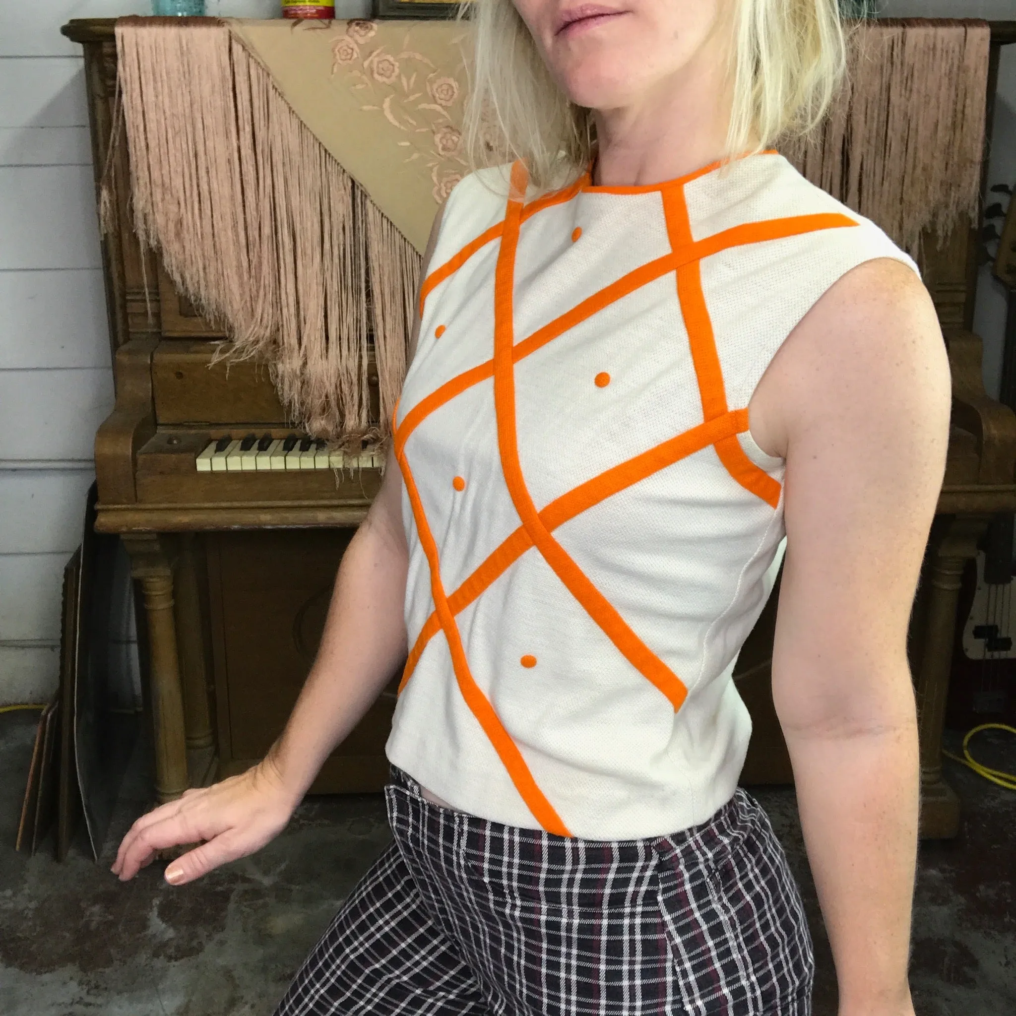 Vintage 60s | MOD Space Age Geometric Orange Sleeveless Knit Crop Top | S