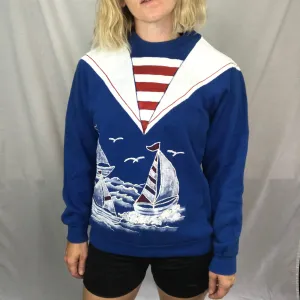 Vintage 80s Hand Painted Puffy Paint One of a Kind Sailor Nautical Sweatshirt L