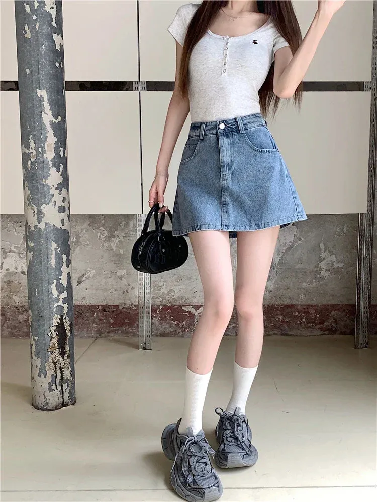 Waist Korean Summer Denim Fashion High Mini Vintage Style Skirt
