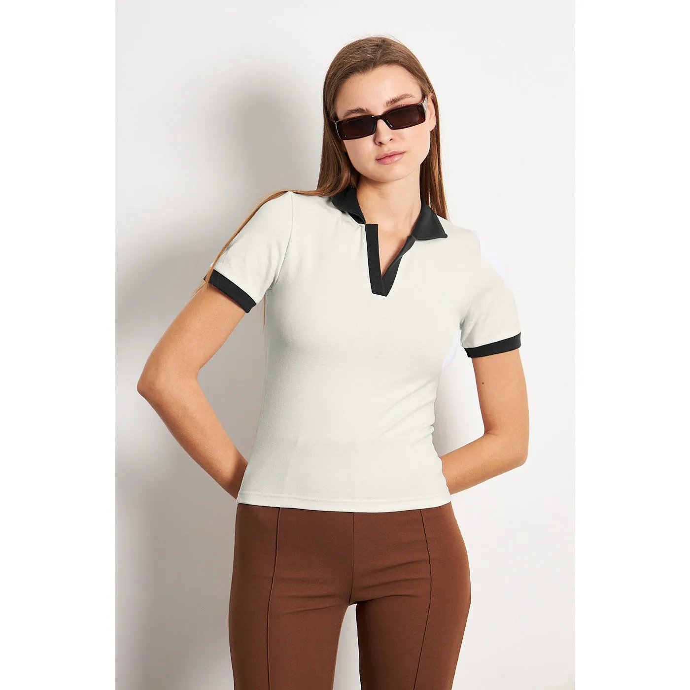 White Black Rib Knit Polo