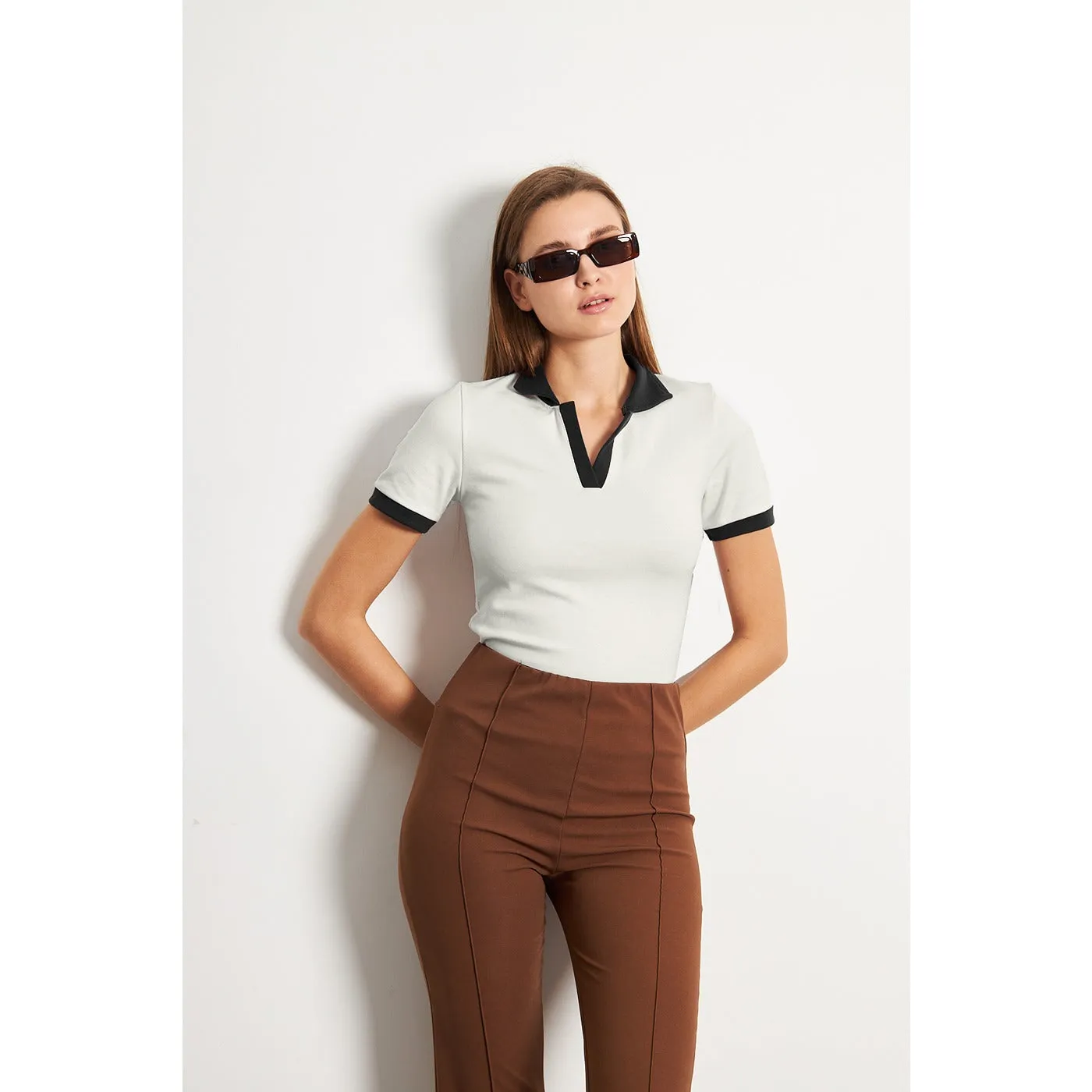 White Black Rib Knit Polo