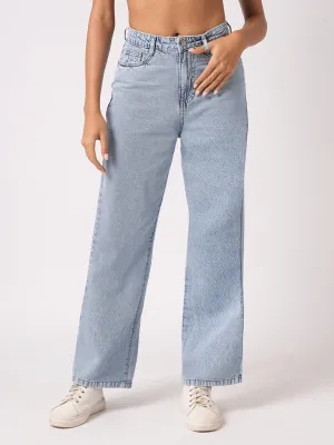 Women Light Blue High-Rise Wide Leg Jeans