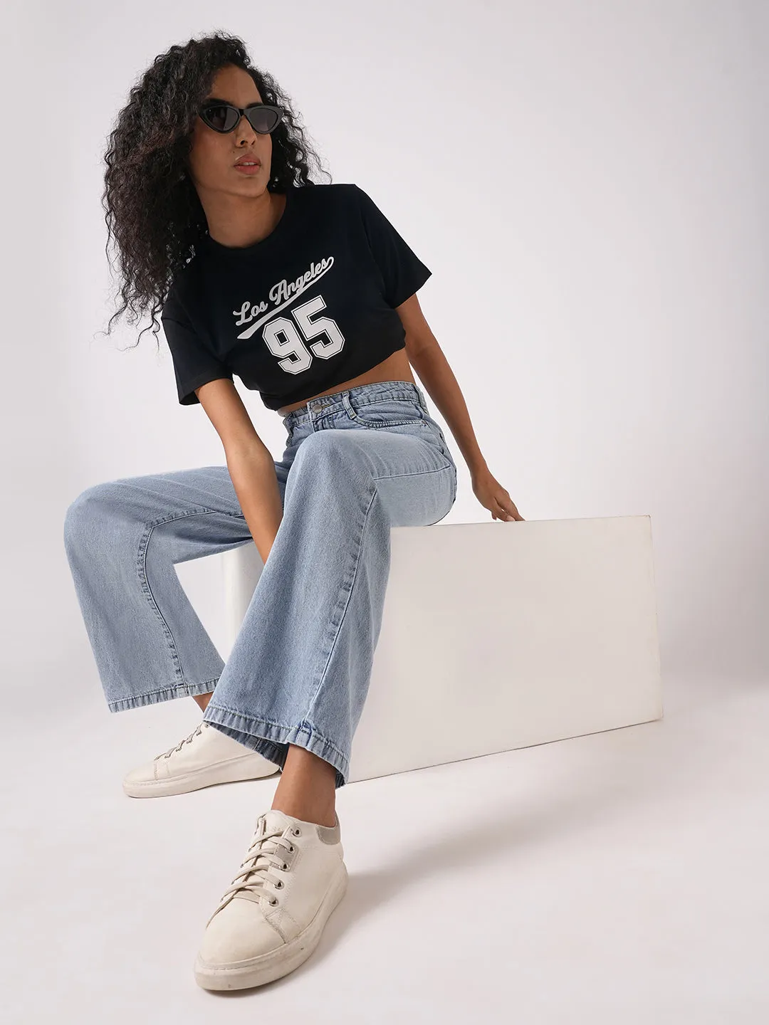 Women Light Blue High-Rise Wide Leg Jeans