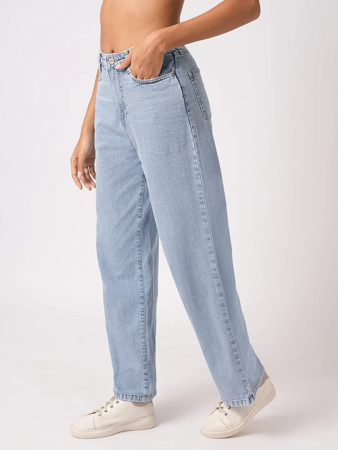 Women Light Blue High-Rise Wide Leg Jeans