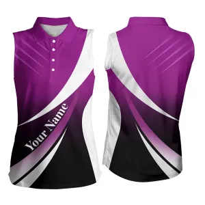 Women sleeveless polo shirt custom name light purple white golf shirt, sleeveless golf tops for ladies