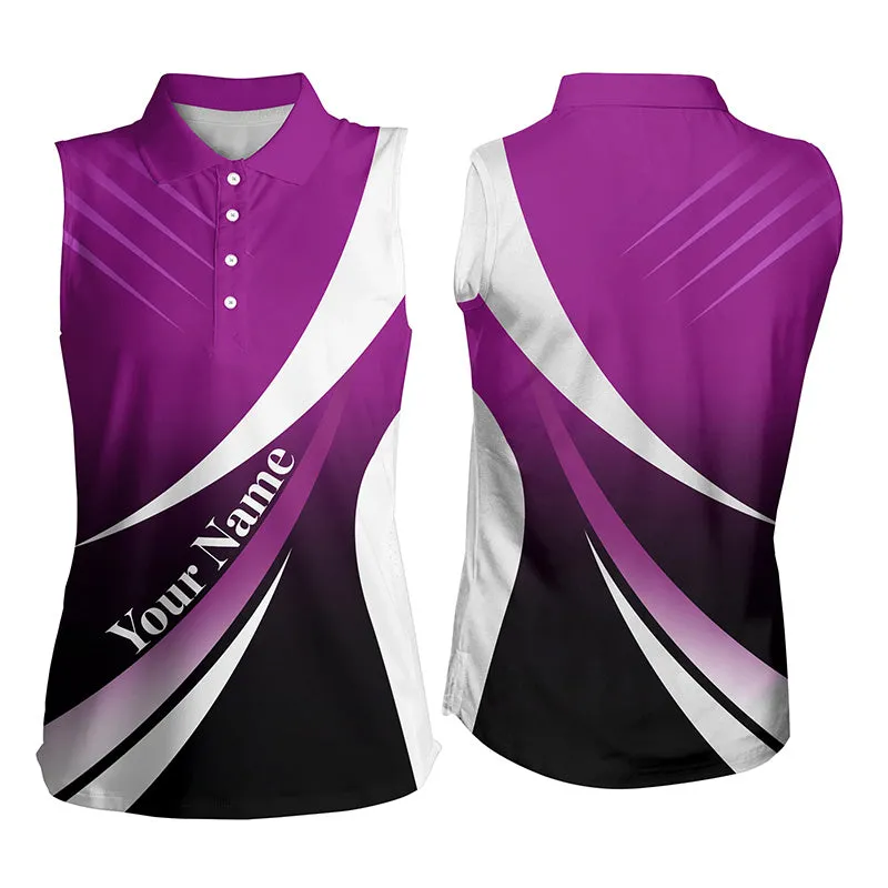 Women sleeveless polo shirt custom name light purple white golf shirt, sleeveless golf tops for ladies
