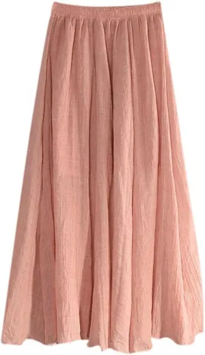 Women's Cotton Linen Skirts Summer Lightweight Breathable Elastic High Waist Cool Comfy A-Line Midi Skirts