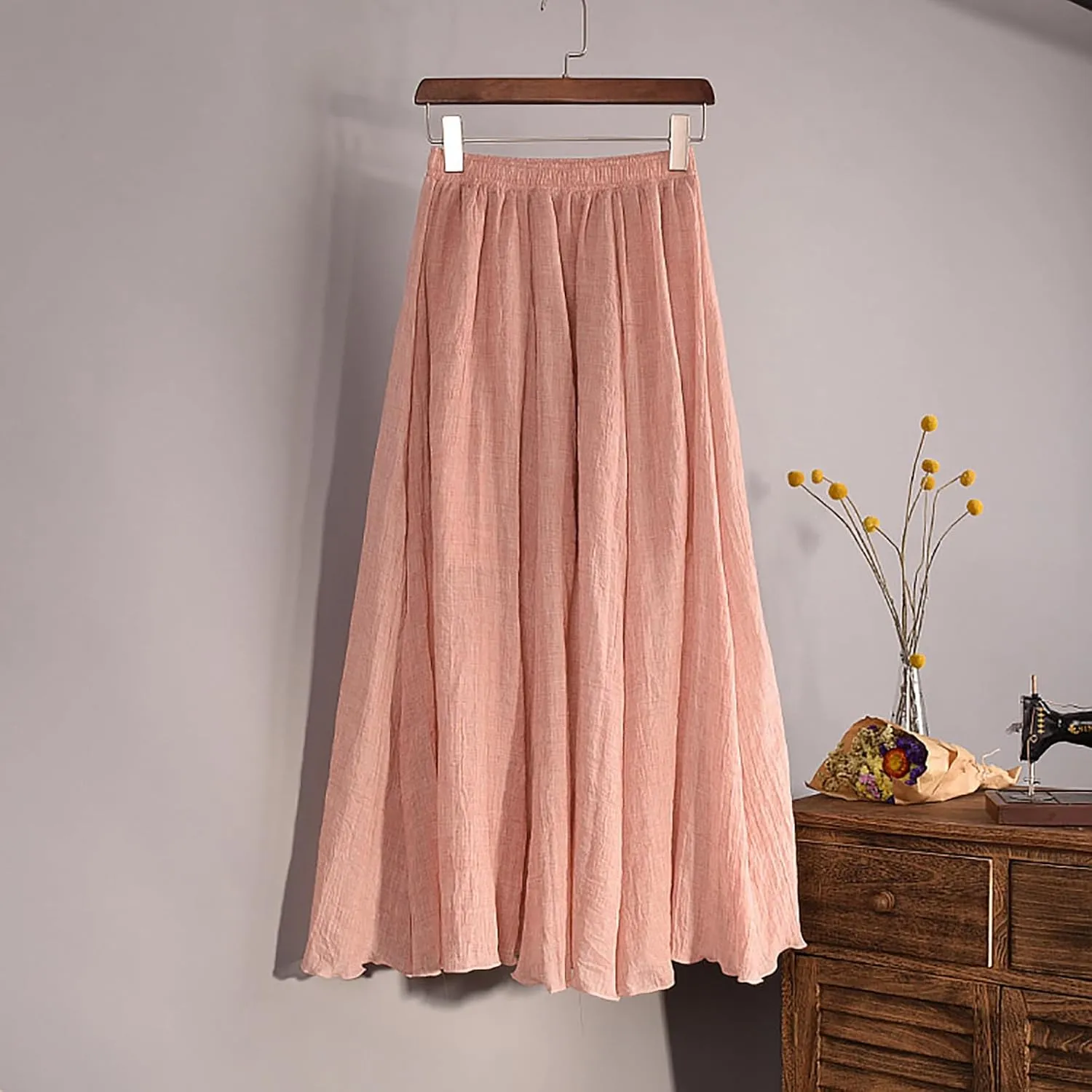 Women's Cotton Linen Skirts Summer Lightweight Breathable Elastic High Waist Cool Comfy A-Line Midi Skirts