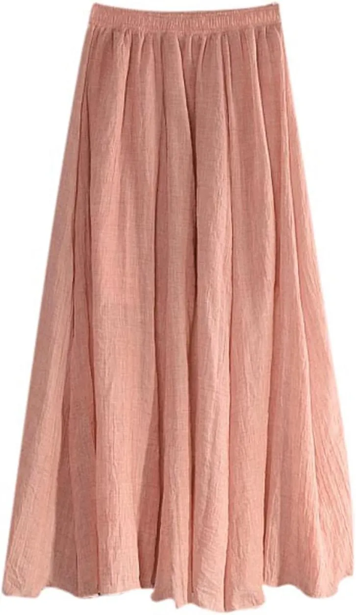 Women's Cotton Linen Skirts Summer Lightweight Breathable Elastic High Waist Cool Comfy A-Line Midi Skirts