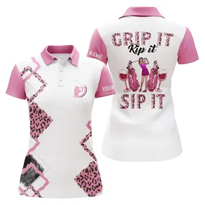 Womens Golf Polo Shirt Pink Leopard Custom Name Grip It Rip It Sip It, Golf Tops For Ladies