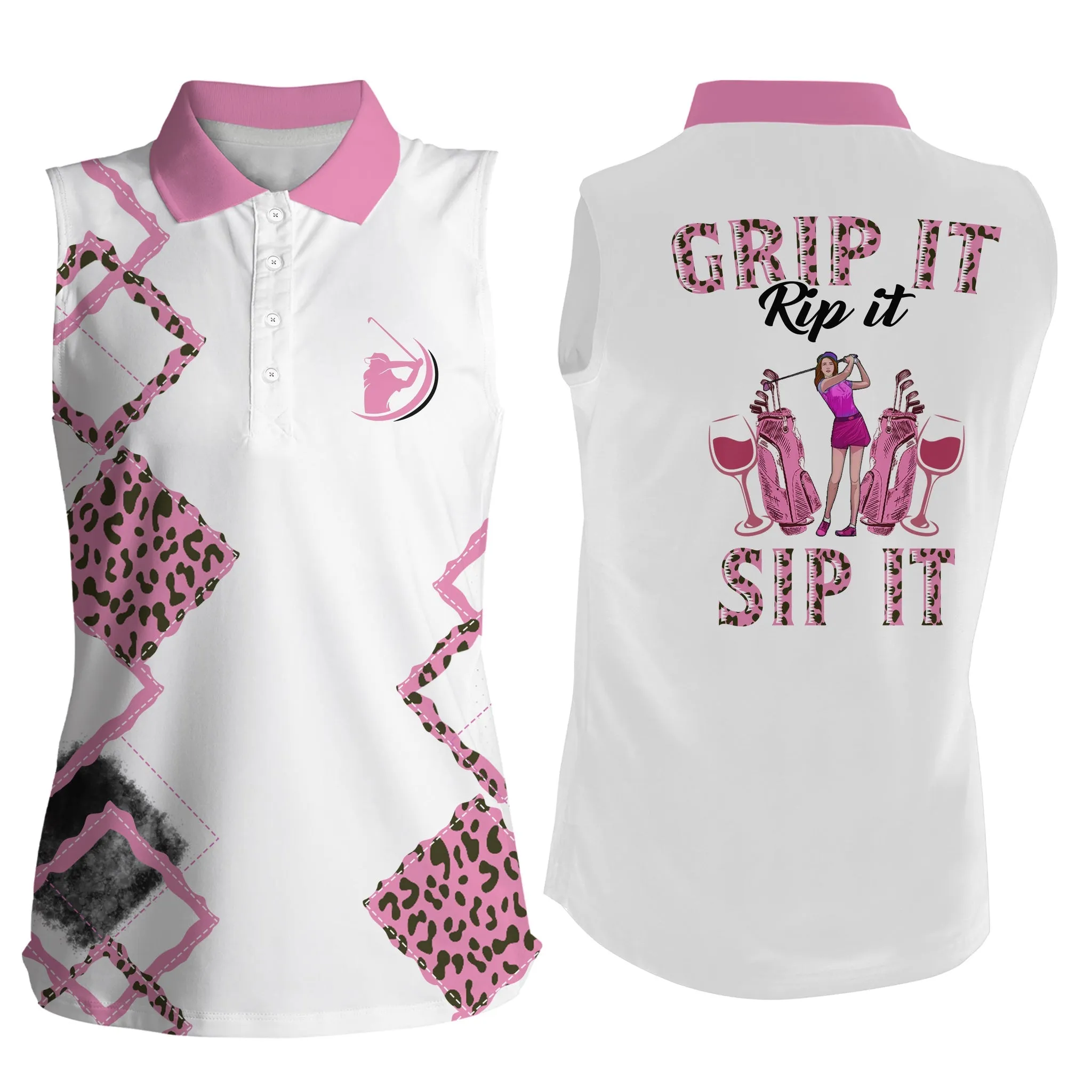 Womens Golf Polo Shirt Pink Leopard Custom Name Grip It Rip It Sip It, Golf Tops For Ladies