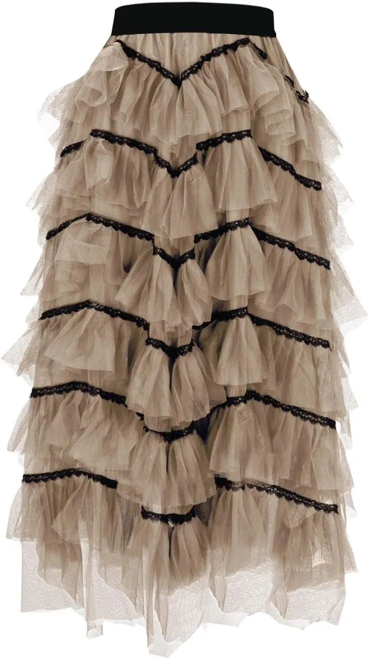 Womens Lolita Cake Skirts Layered Tulle Midi Skirt Elastic Waist Solid Color Mesh Prom Party Skirt