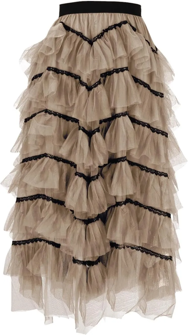 Womens Lolita Cake Skirts Layered Tulle Midi Skirt Elastic Waist Solid Color Mesh Prom Party Skirt