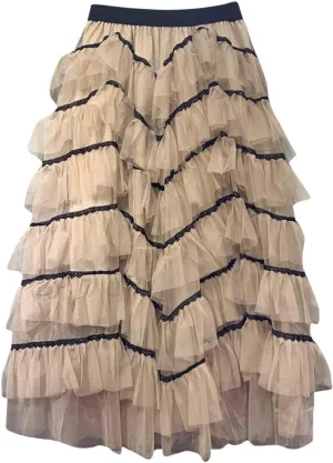 Womens Lolita Cake Skirts Layered Tulle Midi Skirt Elastic Waist Solid Color Mesh Prom Party Skirt