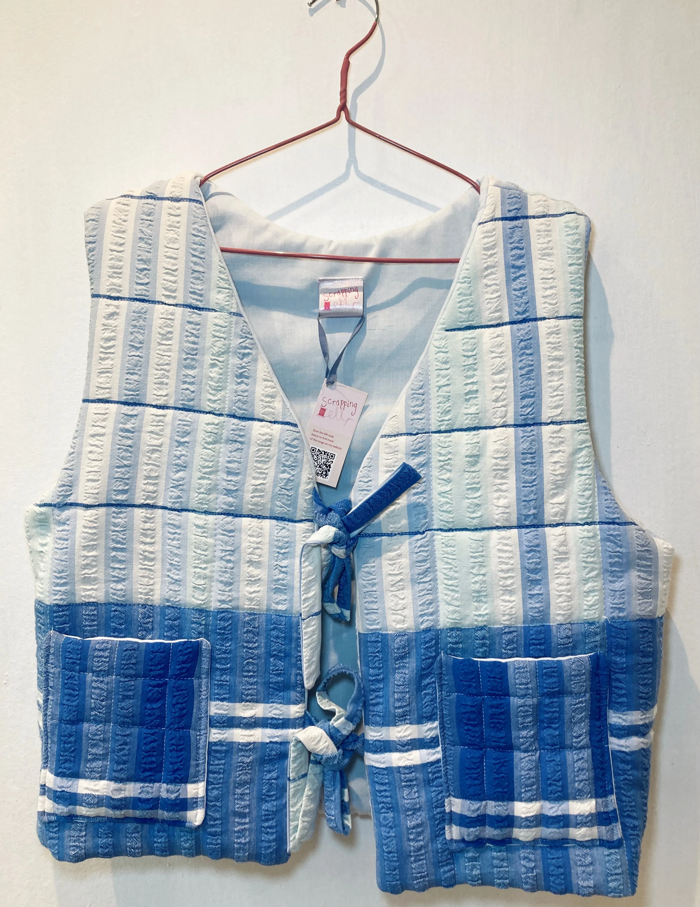 Zoe Handmade Blue Striped Tie Front Quilted Vest Gilet - Up To Size 16