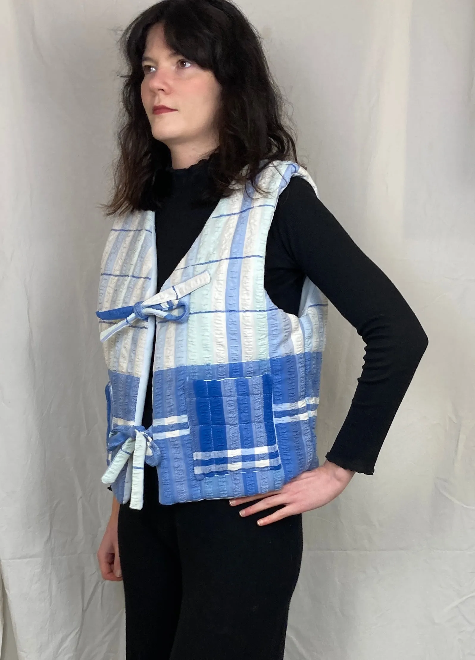 Zoe Handmade Blue Striped Tie Front Quilted Vest Gilet - Up To Size 16
