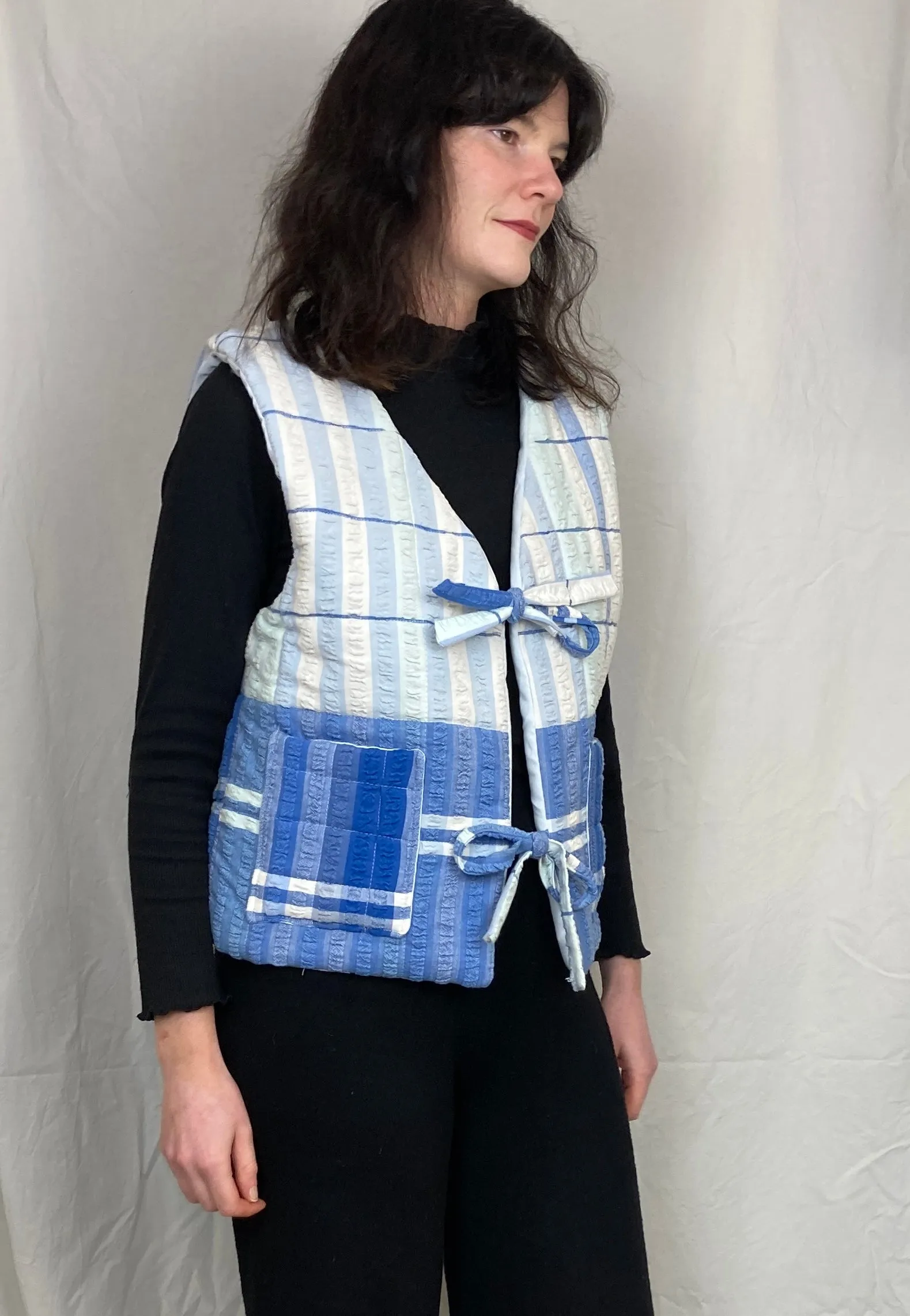 Zoe Handmade Blue Striped Tie Front Quilted Vest Gilet - Up To Size 16