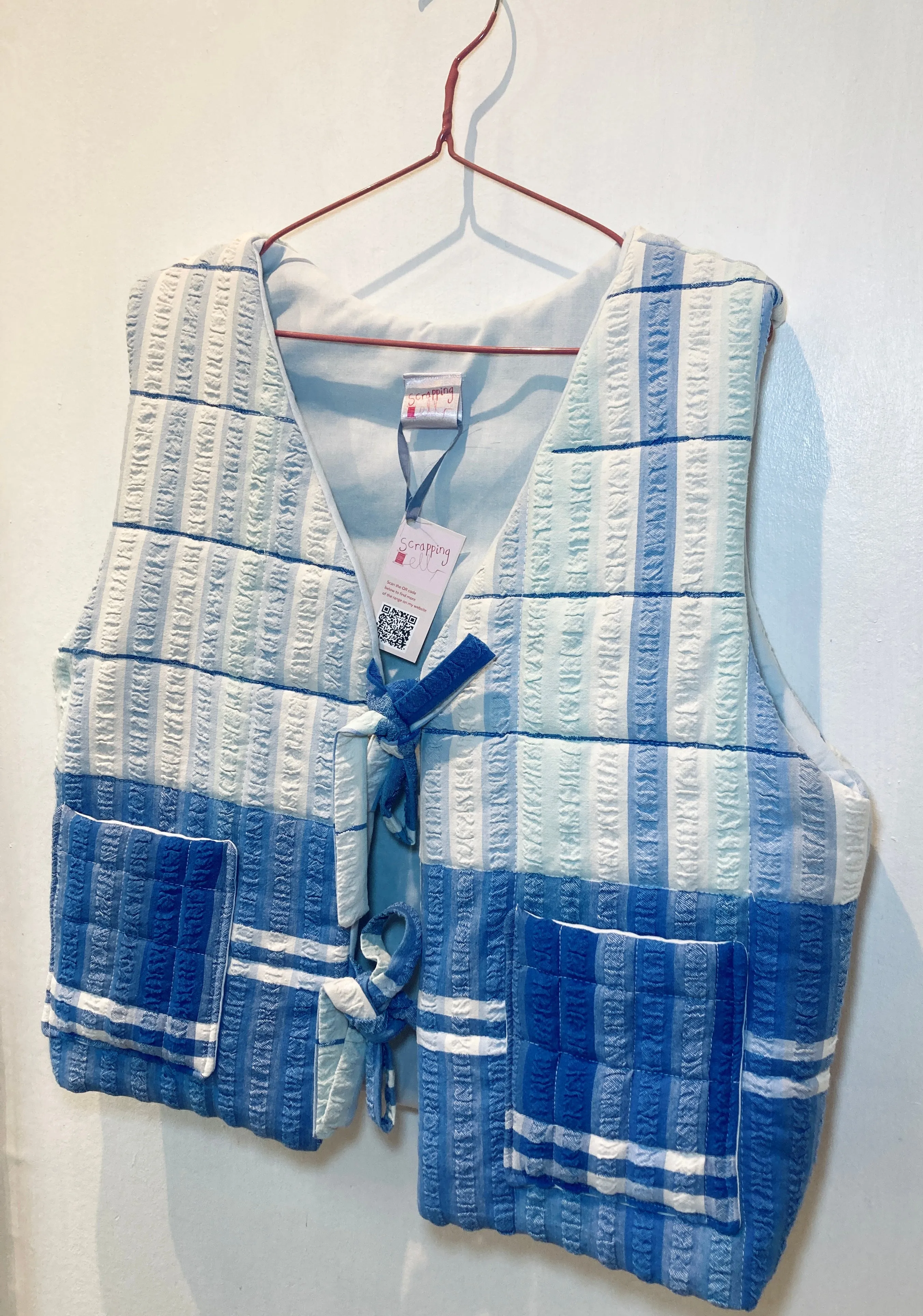 Zoe Handmade Blue Striped Tie Front Quilted Vest Gilet - Up To Size 16