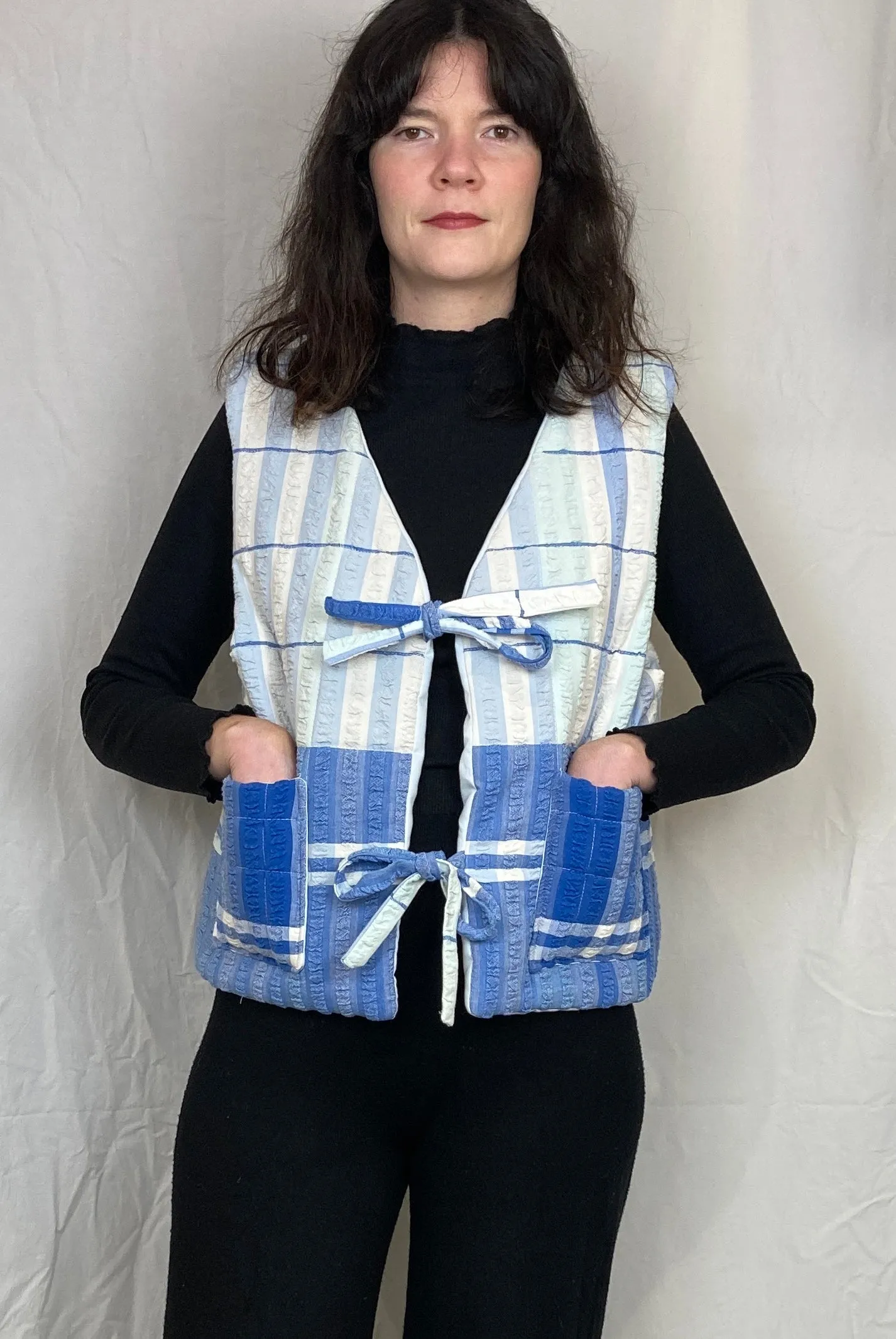 Zoe Handmade Blue Striped Tie Front Quilted Vest Gilet - Up To Size 16