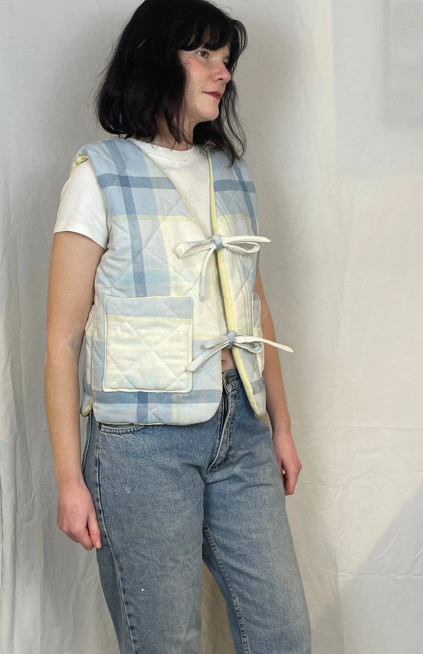 Zoe Handmade Pale Blue Checked Tie Front Quilted Vest Gilet - Up To Size 14