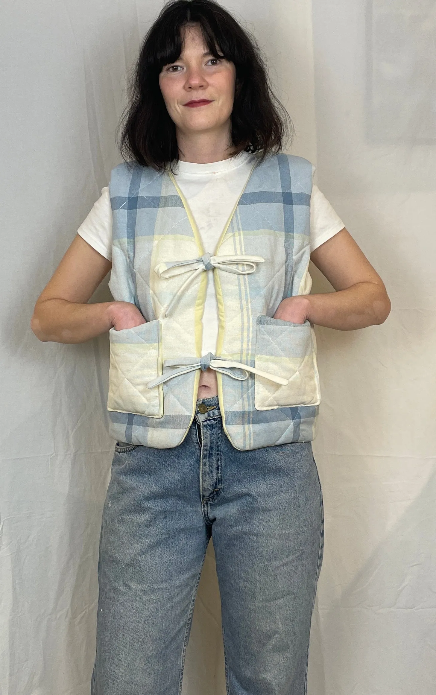 Zoe Handmade Pale Blue Checked Tie Front Quilted Vest Gilet - Up To Size 14