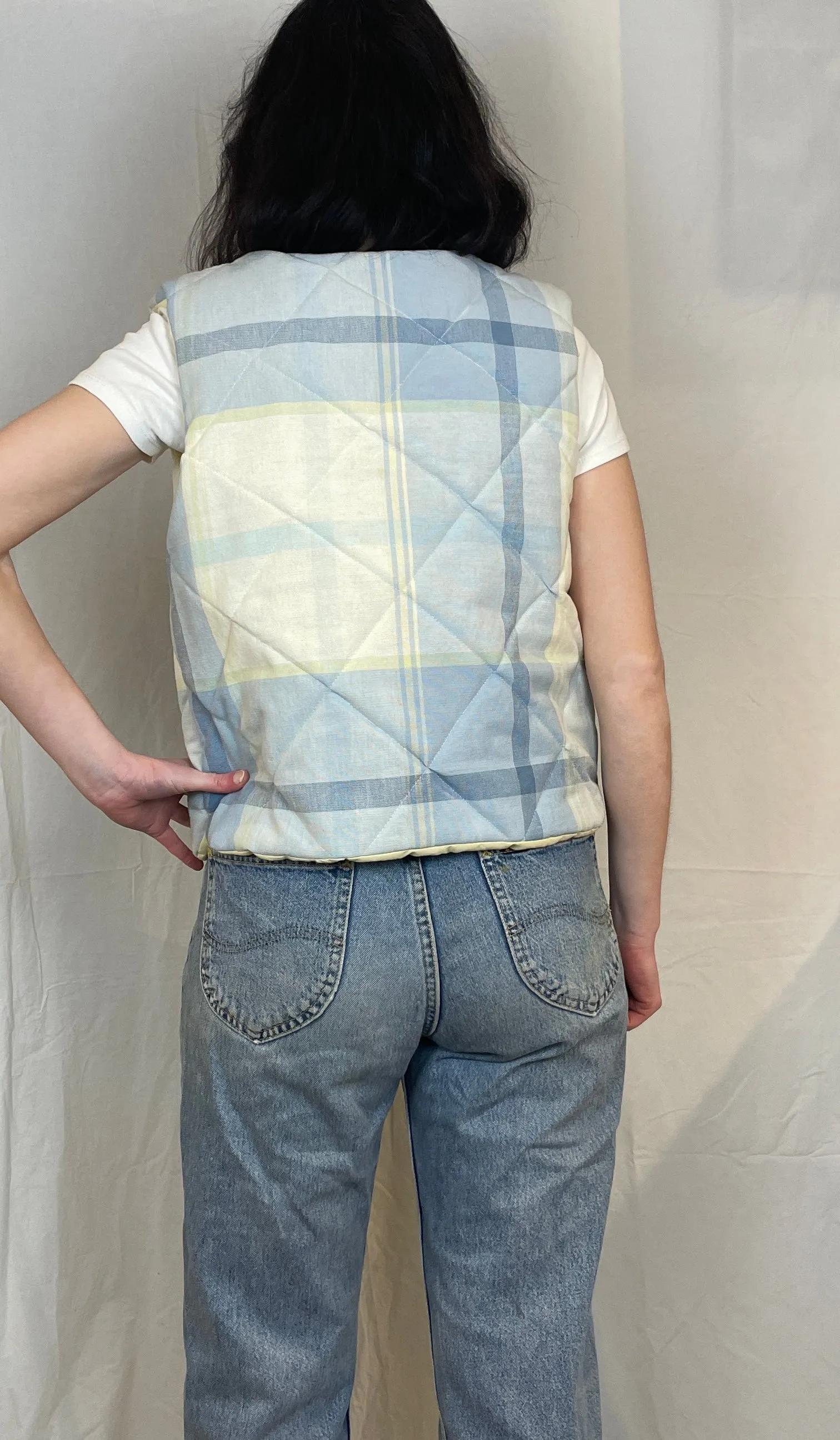 Zoe Handmade Pale Blue Checked Tie Front Quilted Vest Gilet - Up To Size 14
