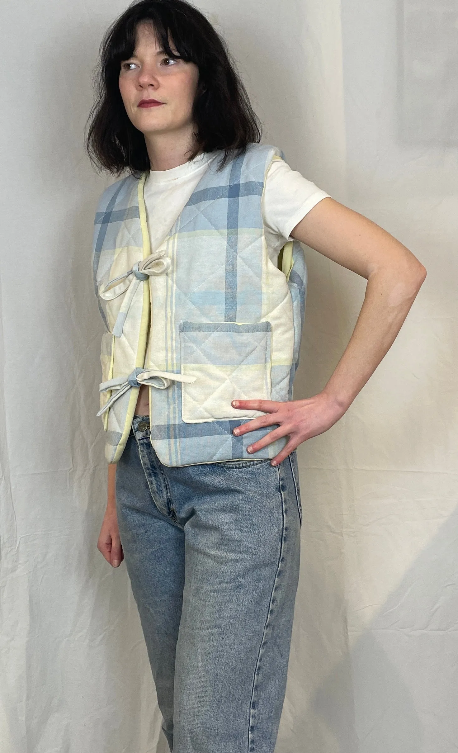 Zoe Handmade Pale Blue Checked Tie Front Quilted Vest Gilet - Up To Size 14