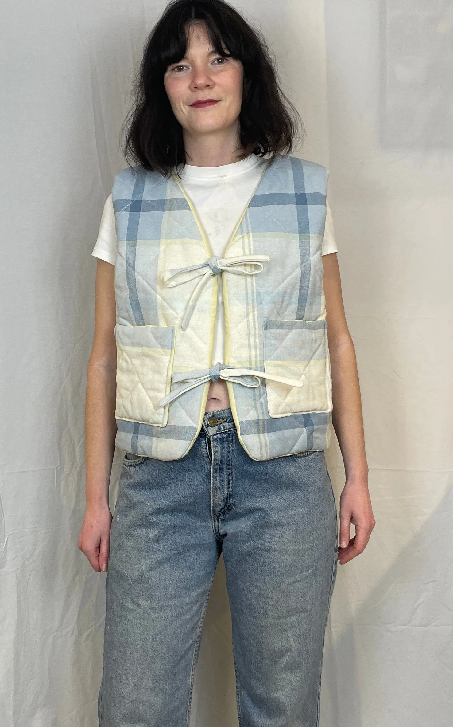 Zoe Handmade Pale Blue Checked Tie Front Quilted Vest Gilet - Up To Size 14