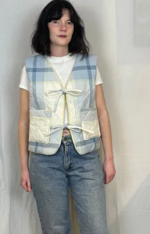 Zoe Handmade Pale Blue Checked Tie Front Quilted Vest Gilet - Up To Size 14