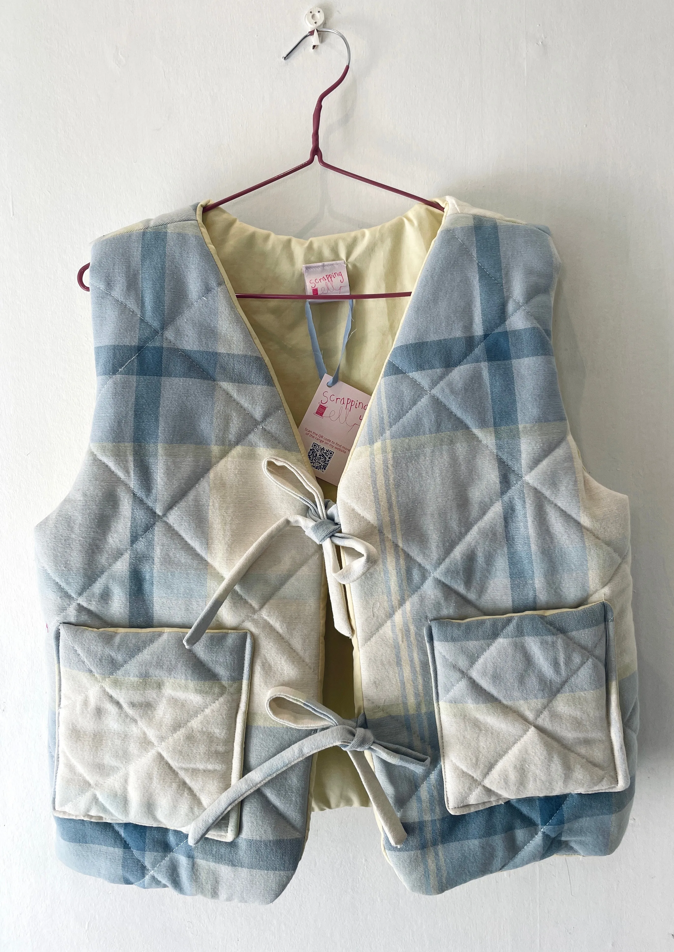 Zoe Handmade Pale Blue Checked Tie Front Quilted Vest Gilet - Up To Size 14